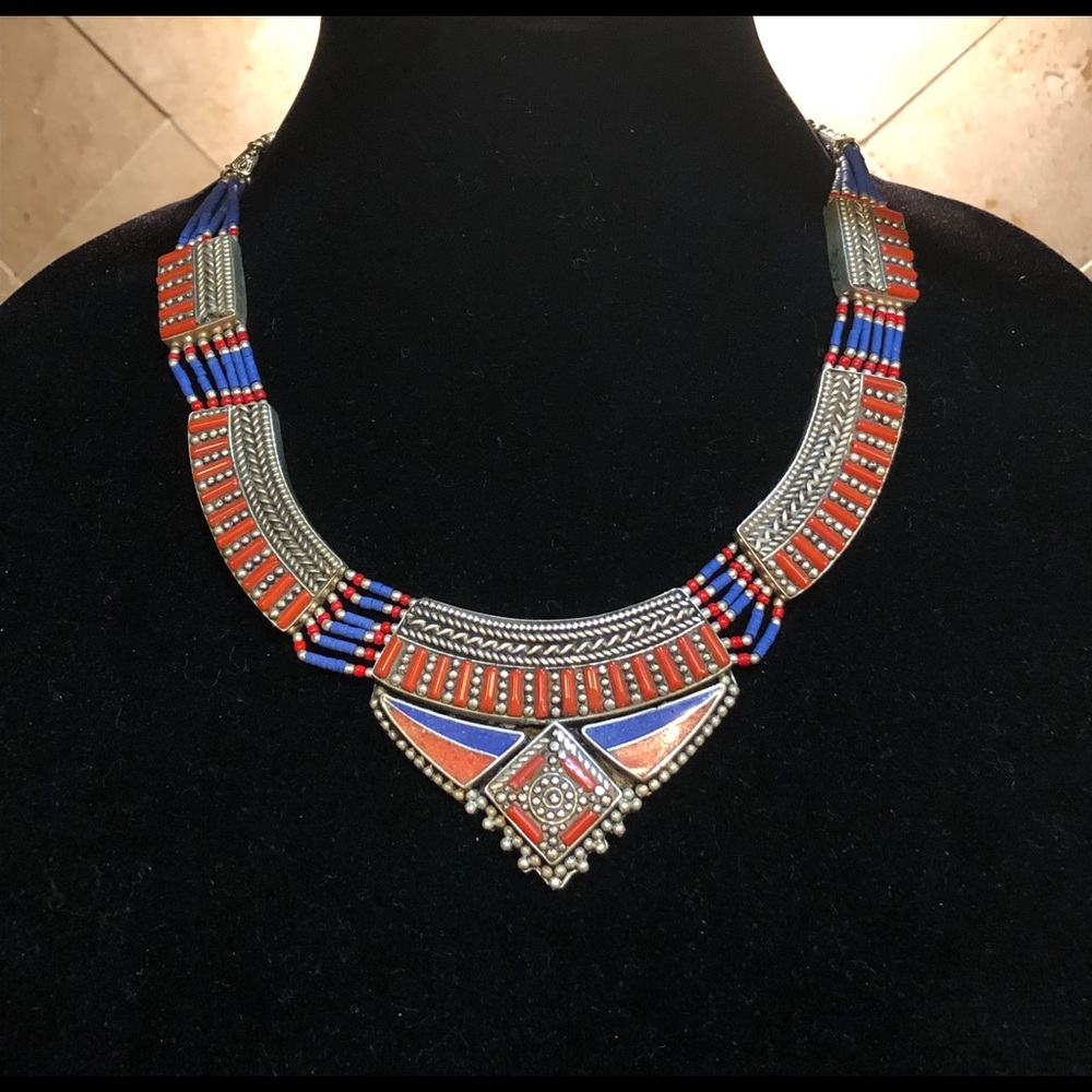 Lapis Lazuli & Coral Tibetan Silver Necklace - Picture 5 of 6
